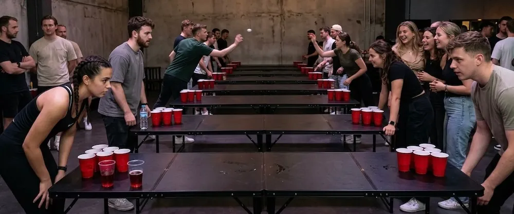 Beer-Pong-Halle mit mehreren Tischen, roten Bechern und spielenden Teams