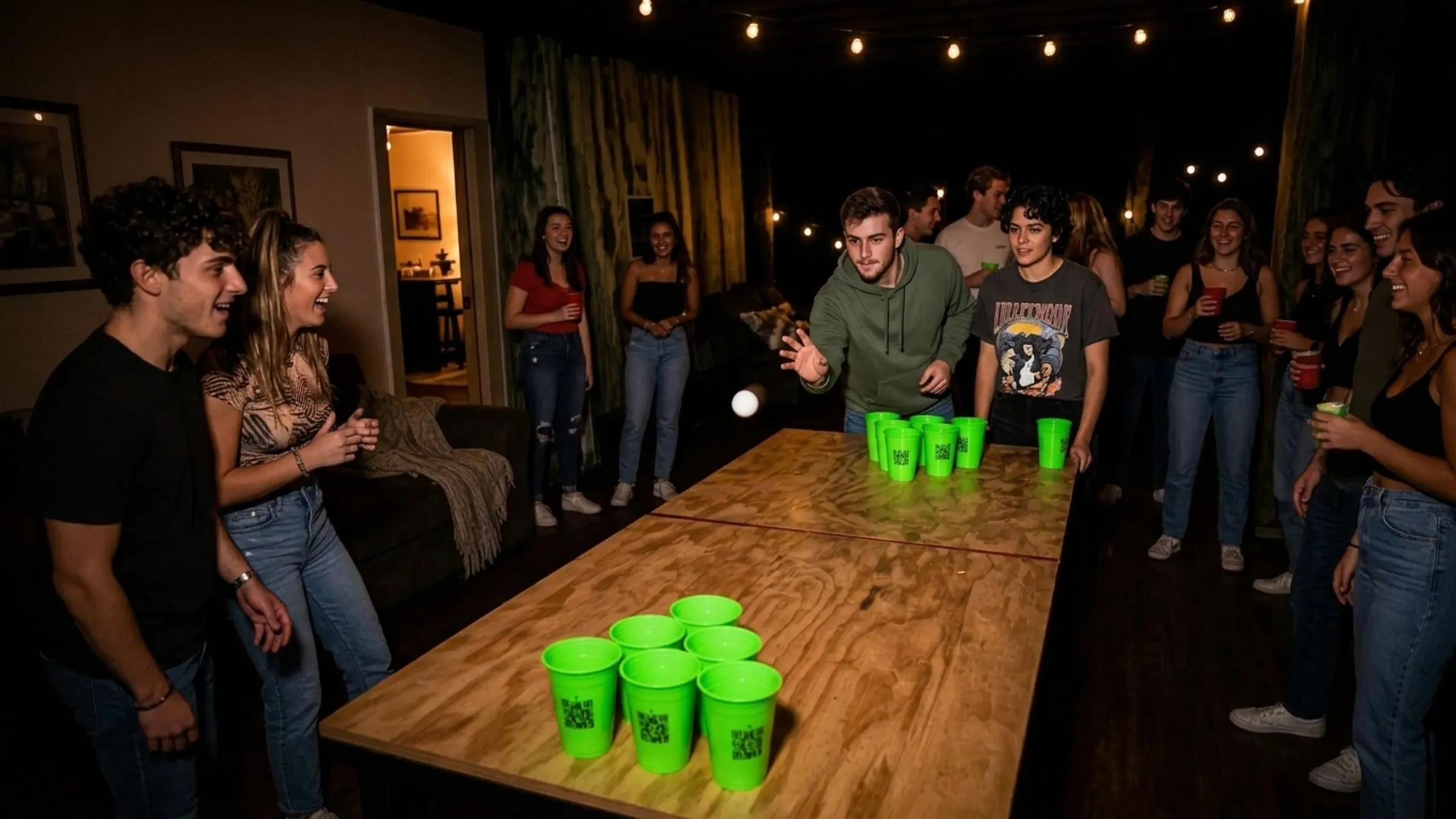 Friends playing beer pong at a house party