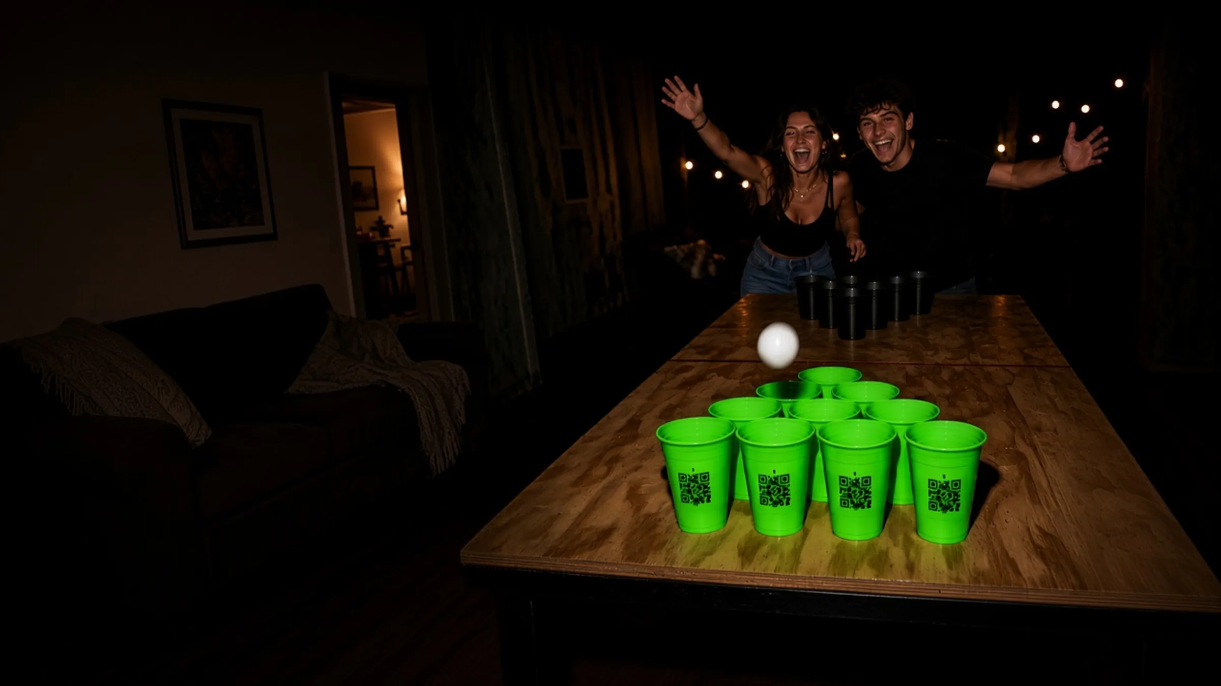 Freunde beim Beer Pong, Ball in der Luft