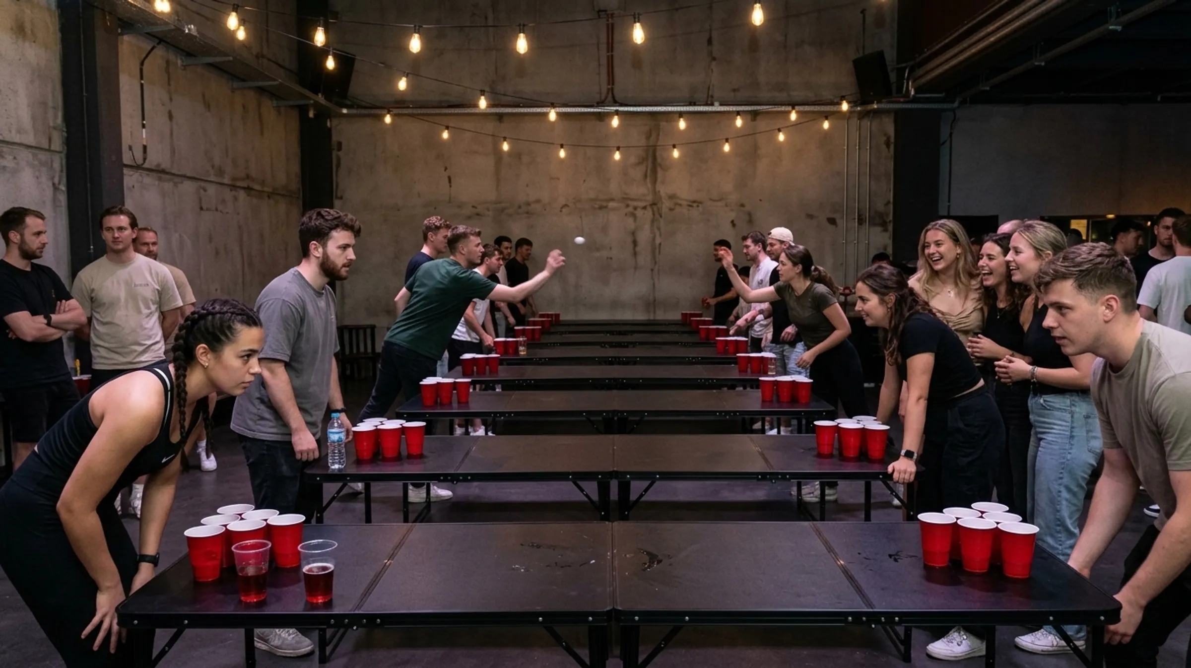 People playing beer pong at rows of tables