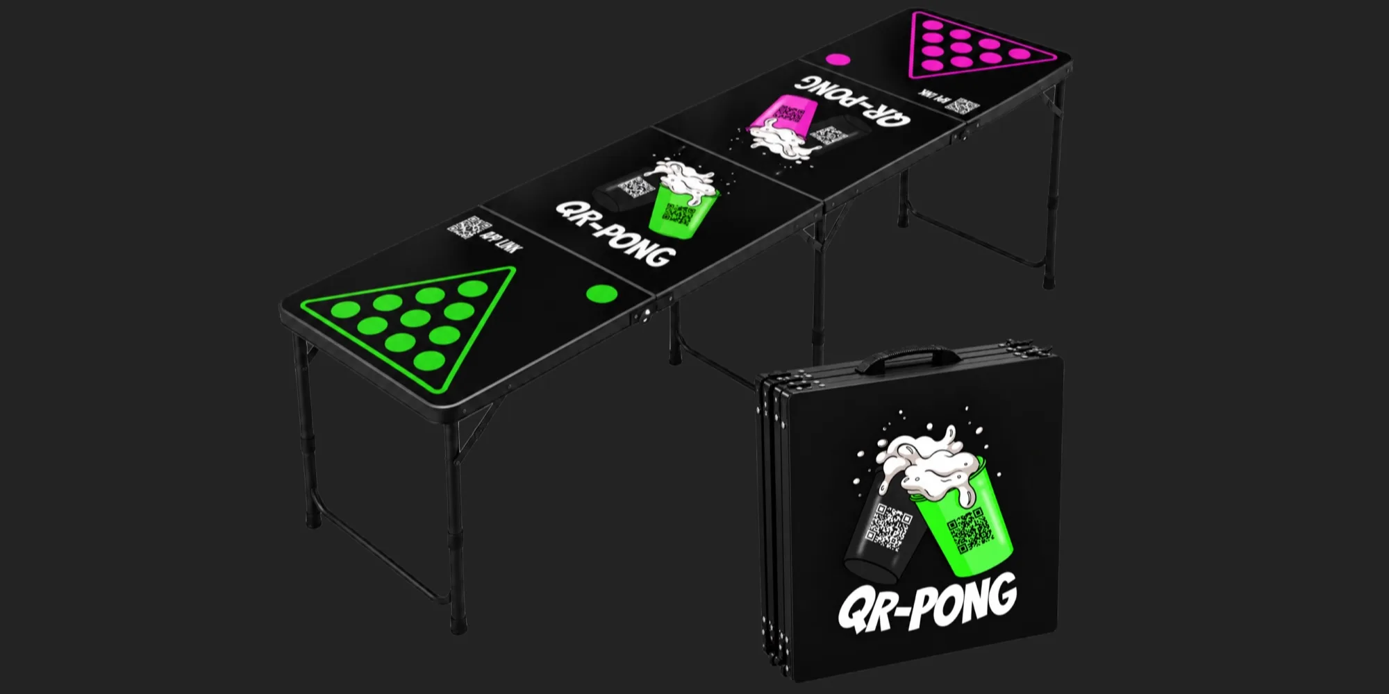 Black QR-PONG beer pong table with green and pink accents, shown open and folded